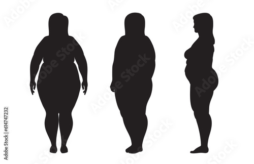 Plus size overweight woman . Full-length standing portrait in underwear. Body-positive female. Figure front, 3 of 4, side views shape. Vector outline sketch line illustration