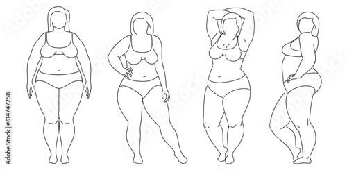 Plus-size woman. Set of Big chubby body Positive woman with fat curvy figures. Attractive Female Standing In Lingery. Vector line sketch Illustration