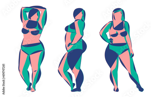 Plus-size woman. Set of Big chubby body Positive woman with fat curvy figures. Attractive Female Standing In Lingery. Vector line sketch Illustration