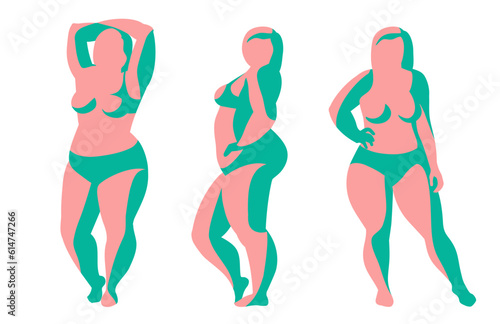 Plus-size woman. Set of Big chubby body Positive woman with fat curvy figures. Attractive Female Standing In Lingery. Vector line sketch Illustration