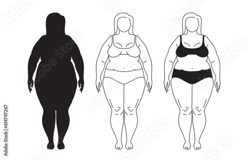 Plus-size woman. Set of Big chubby body Positive woman with fat curvy figures. Attractive Female Standing In Lingery. Vector line sketch Illustration