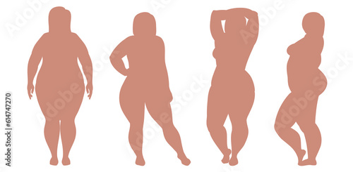 Plus-size woman. Set of Big chubby body Positive woman with fat curvy figures. Attractive Female Standing In Lingery. Vector line sketch Illustration