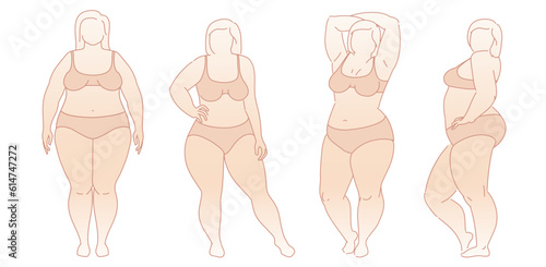 Plus-size woman. Set of Big chubby body Positive woman with fat curvy figures. Attractive Female Standing In Lingery. Vector line sketch Illustration