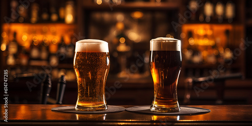 Mugs full of beer on a bar counter, dramatic lighting generative AI illustration