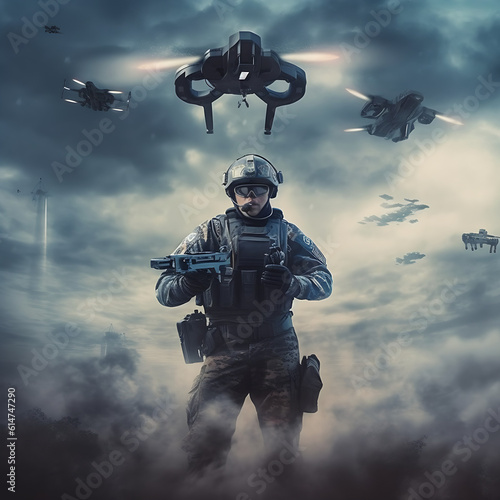 Modern army soldiers, futuristic combatant special forces fighters control drones for reconnaissance operations of enemy positions, Generative AI