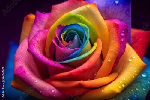 Close up of fresh rainbow color rose for St. Valentines Day. Generative AI