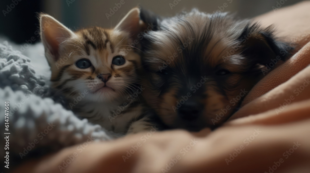 The photo depicts an adorable scene of a puppy and a kitten cuddled together, showcasing the pure innocence and sweetness of their bond. Their tiny bodies rest comfortably against each other, creating The photo depicts an adorable scene of a puppy and a kitten cuddled together, showcasing the pure innocence and sweetness of their bond. Their tiny bodies rest comfortably against each other, creating