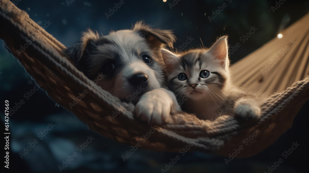 Obraz premium The photo depicts an adorable scene of a puppy and a kitten cuddled together, showcasing the pure innocence and sweetness of their bond. Their tiny bodies rest comfortably against each other, creating