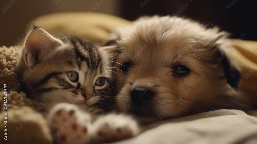 The photo depicts an adorable scene of a puppy and a kitten cuddled together, showcasing the pure innocence and sweetness of their bond. Their tiny bodies rest comfortably against each other, creating The photo depicts an adorable scene of a puppy and a kitten cuddled together, showcasing the pure innocence and sweetness of their bond. Their tiny bodies rest comfortably against each other, creating