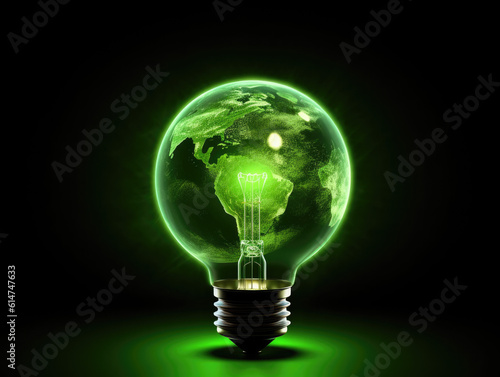A beautiful lightbulb with grass inside, glowing on a green field