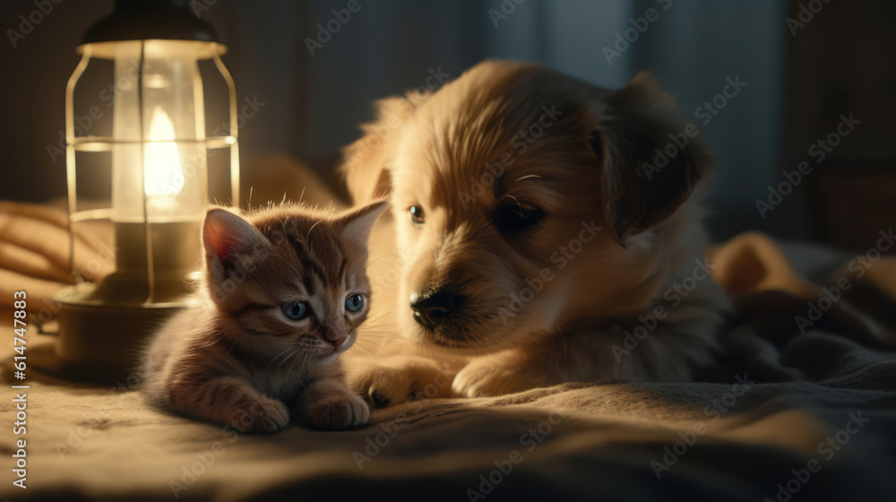 The photo depicts an adorable scene of a puppy and a kitten cuddled together, showcasing the pure innocence and sweetness of their bond. Their tiny bodies rest comfortably against each other, creating The photo depicts an adorable scene of a puppy and a kitten cuddled together, showcasing the pure innocence and sweetness of their bond. Their tiny bodies rest comfortably against each other, creating