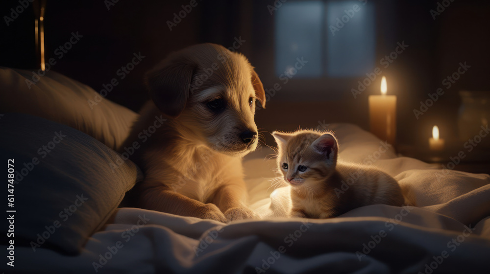 Obraz premium The photo depicts an adorable scene of a puppy and a kitten cuddled together, showcasing the pure innocence and sweetness of their bond. Their tiny bodies rest comfortably against each other, creating