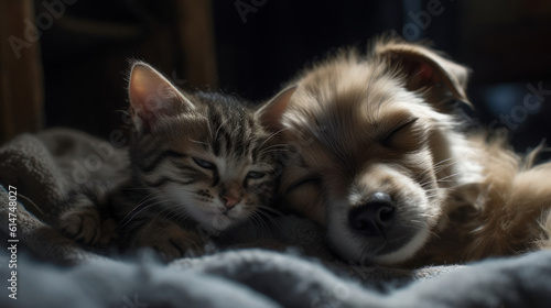 The photo depicts an adorable scene of a puppy and a kitten cuddled together, showcasing the pure innocence and sweetness of their bond. Their tiny bodies rest comfortably against each other, creating
