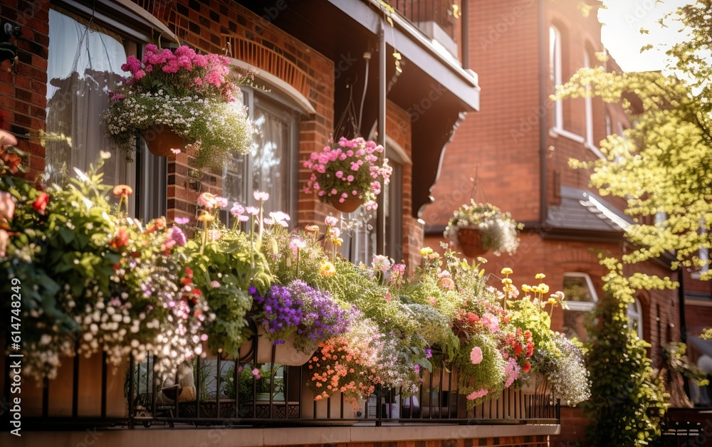 Wildflowers in pots on the balcony of a house in the city, rewilding the city created with Generative AI technology