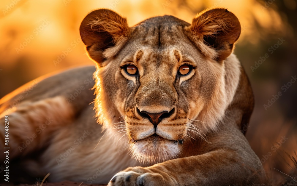 Fototapeta premium Portrait of lioness in her natural habitat created with Generative AI technology 