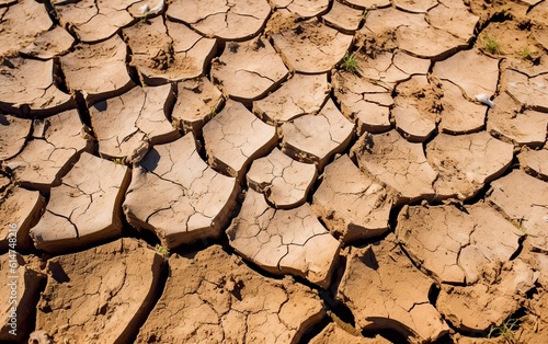 Dry cracked soil due to drought and water scarcity caused by climate change created with Generative AI technology