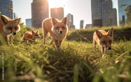 Red foxes walking around the city park, wild animals returning to big cities, rewilding the city 
created with Generative AI technology photo