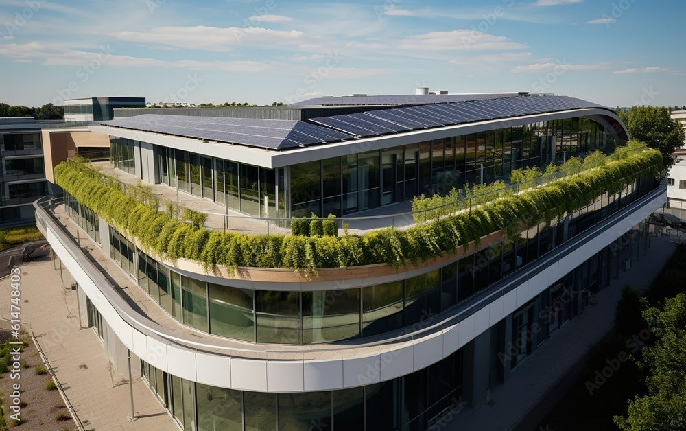 Modern eco-friendly building with solar panels on the roof, representing sustainable energy practices, surrounded by greenery and showcasing a harmonious integration of nature and urban development 