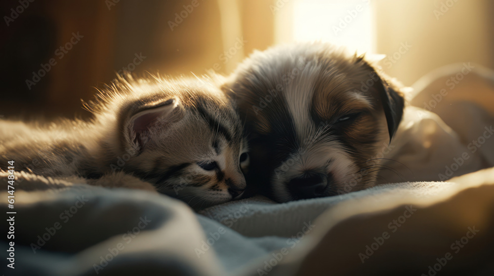 The photo depicts an adorable scene of a puppy and a kitten cuddled together, showcasing the pure innocence and sweetness of their bond. Their tiny bodies rest comfortably against each other, creating The photo depicts an adorable scene of a puppy and a kitten cuddled together, showcasing the pure innocence and sweetness of their bond. Their tiny bodies rest comfortably against each other, creating