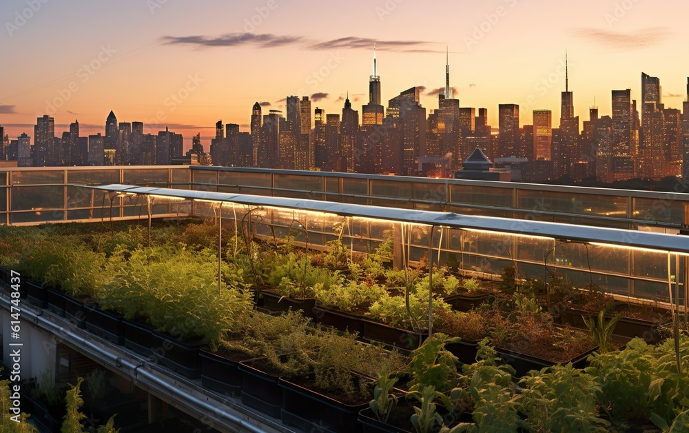 An urban rooftop greenhouse, filled with rows of hydroponically grown vegetables and herbs, with a panoramic view of the city skyline