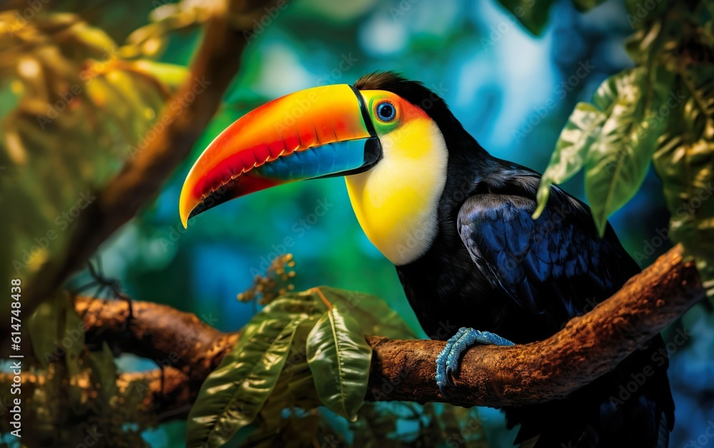 Naklejka premium Toucan on a branch in a lush rainforest created with Generative AI technology