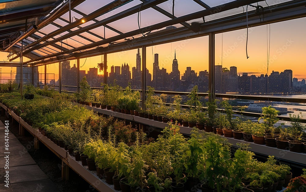 Urban rooftop greenhouse, filled with rows of grown vegetables and herbs, with a panoramic view of the city skyline as the backdrop created with Generative AI technology