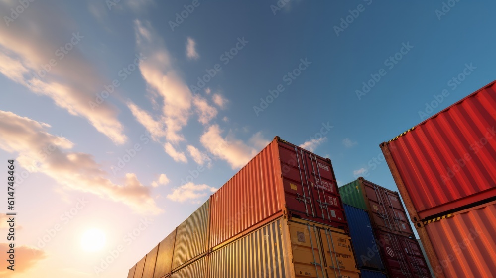 Fototapeta premium Stack of Containers Cargo Ship Import or Export in Harbor Port, Cargo Freight Shipping of Container Logistics Industry. Transport Distribution, Business Commercial Dock