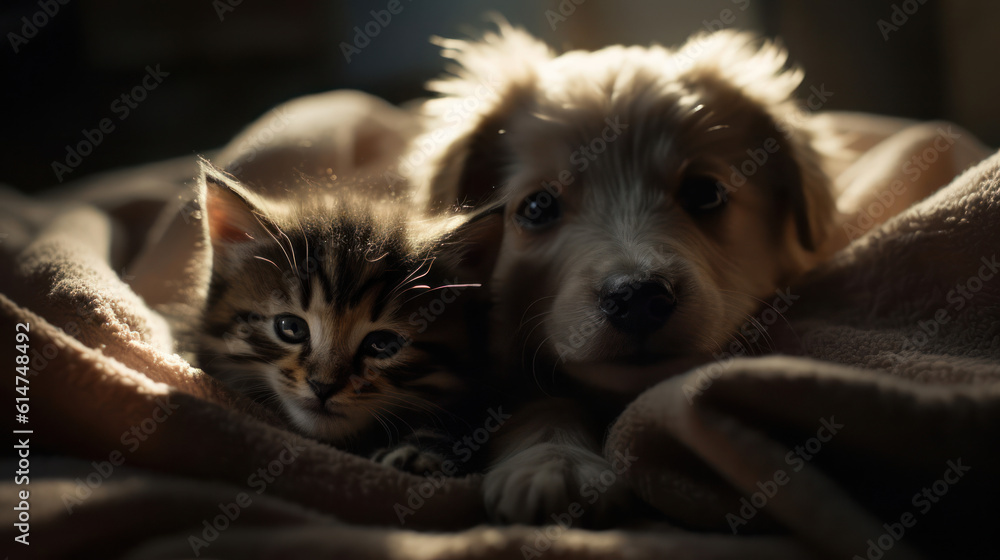 The photo depicts an adorable scene of a puppy and a kitten cuddled together, showcasing the pure innocence and sweetness of their bond. Their tiny bodies rest comfortably against each other, creating The photo depicts an adorable scene of a puppy and a kitten cuddled together, showcasing the pure innocence and sweetness of their bond. Their tiny bodies rest comfortably against each other, creating