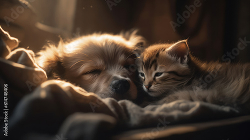 The photo depicts an adorable scene of a puppy and a kitten cuddled together, showcasing the pure innocence and sweetness of their bond. Their tiny bodies rest comfortably against each other, creating