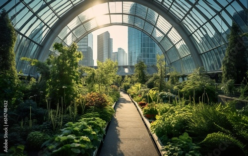A futuristic greenhouse in the middle of a cityscape of towering skyscrapers, with transparent walls showcasing rows of lush green plants, vibrant flowers created with Generative AI technology © AZ Studio