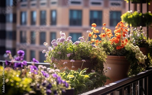 Wildflowers in pots on the balcony of a building in the city  rewilding the city created with Generative AI technology