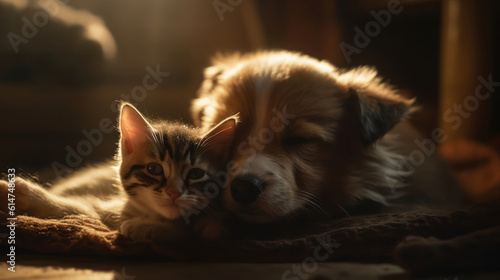 The photo depicts an adorable scene of a puppy and a kitten cuddled together  showcasing the pure innocence and sweetness of their bond. Their tiny bodies rest comfortably against each other  creating