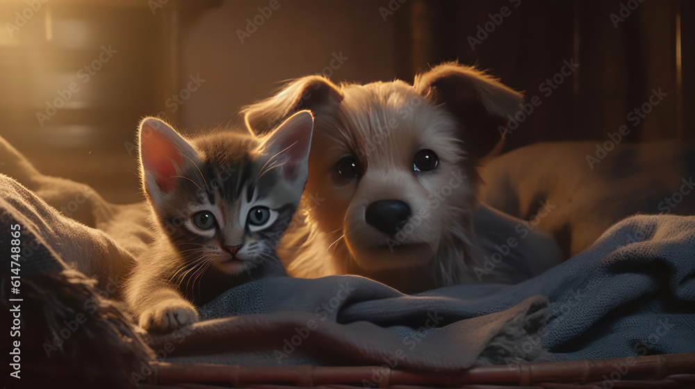 The photo depicts an adorable scene of a puppy and a kitten cuddled together, showcasing the pure innocence and sweetness of their bond. Their tiny bodies rest comfortably against each other, creating The photo depicts an adorable scene of a puppy and a kitten cuddled together, showcasing the pure innocence and sweetness of their bond. Their tiny bodies rest comfortably against each other, creating