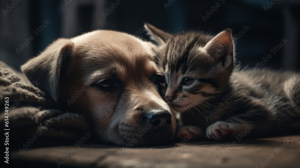 The photo depicts an adorable scene of a puppy and a kitten cuddled together, showcasing the pure innocence and sweetness of their bond. Their tiny bodies rest comfortably against each other, creating