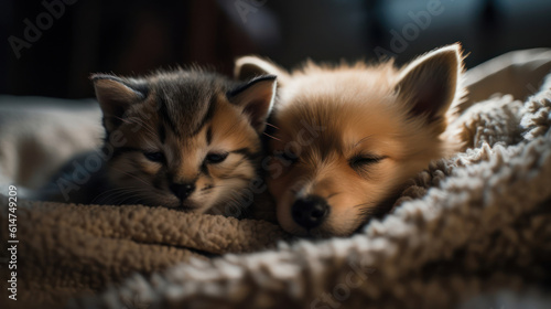 The photo depicts an adorable scene of a puppy and a kitten cuddled together  showcasing the pure innocence and sweetness of their bond. Their tiny bodies rest comfortably against each other  creating