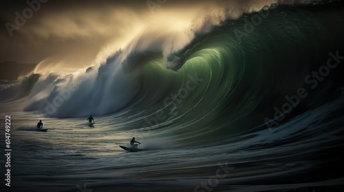 Courageous Surfers Riding Colossal Waves made with Generative AI