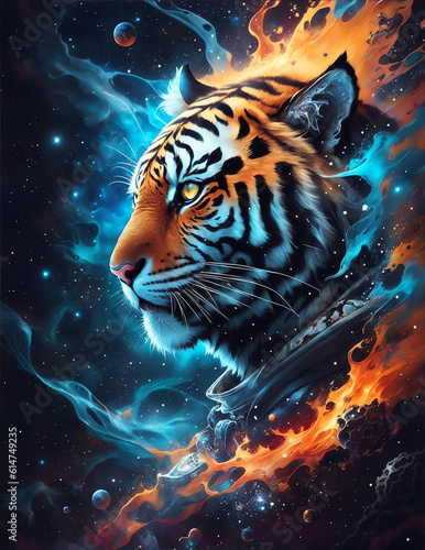 Illustration of a Tiger Head in Space Nebula with Glowing Background. Esoteric Concept Design for Poster, Banner, Invitation, Greeting Card or Cover. Ai Generated.