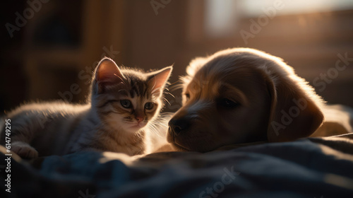 Wallpaper Mural The photo depicts an adorable scene of a puppy and a kitten cuddled together, showcasing the pure innocence and sweetness of their bond. Their tiny bodies rest comfortably against each other, creating Torontodigital.ca