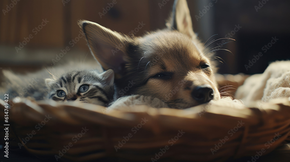 The photo depicts an adorable scene of a puppy and a kitten cuddled together, showcasing the pure innocence and sweetness of their bond. Their tiny bodies rest comfortably against each other, creating The photo depicts an adorable scene of a puppy and a kitten cuddled together, showcasing the pure innocence and sweetness of their bond. Their tiny bodies rest comfortably against each other, creating