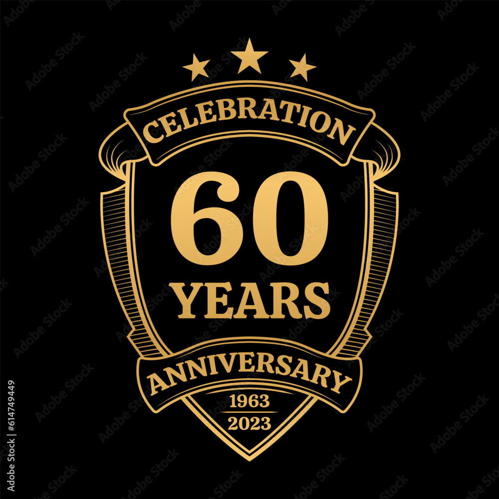60 years anniversary icon or logo. 60th yubilee celebration, business company birthday badge or label. Vintage banner with shield and ribbon. Wedding, invitation design element. Vector illustration. 60 years anniversary icon or logo. 60th yubilee celebration, business company birthday badge or label. Vintage banner with shield and ribbon. Wedding, invitation design element. Vector illustration.