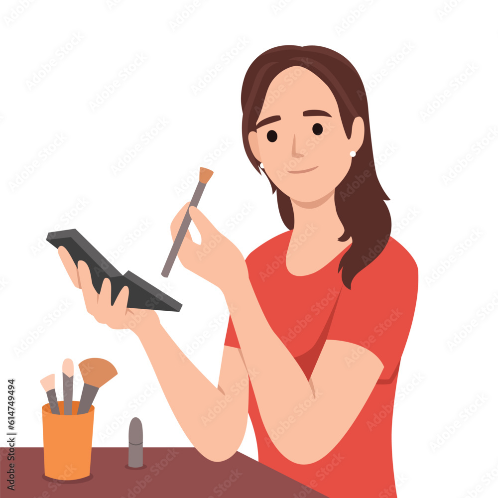Make up, Beauty, cosmetics concept. Young smiling woman cartoon character using special brush for applying face powder for looking good and fresh. Flat vector illustration isolated on white background Make up, Beauty, cosmetics concept. Young smiling woman cartoon character using special brush for applying face powder for looking good and fresh. Flat vector illustration isolated on white background