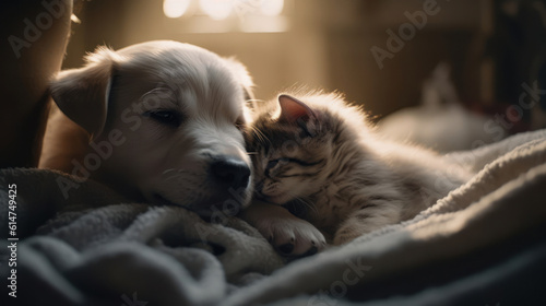 The photo depicts an adorable scene of a puppy and a kitten cuddled together, showcasing the pure innocence and sweetness of their bond. Their tiny bodies rest comfortably against each other, creating © Martin