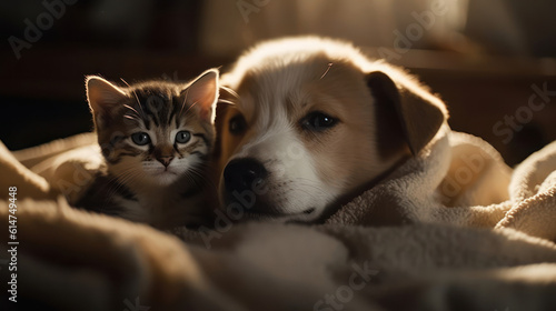 The photo depicts an adorable scene of a puppy and a kitten cuddled together, showcasing the pure innocence and sweetness of their bond. Their tiny bodies rest comfortably against each other, creating © Martin