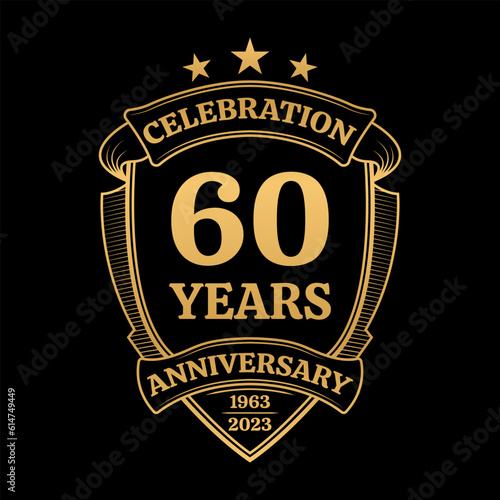 60 years anniversary icon or logo. 60th yubilee celebration, business company birthday badge or label. Vintage banner with shield and ribbon. Wedding, invitation design element. Vector illustration.
