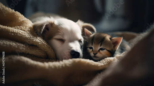The photo depicts an adorable scene of a puppy and a kitten cuddled together  showcasing the pure innocence and sweetness of their bond. Their tiny bodies rest comfortably against each other  creating