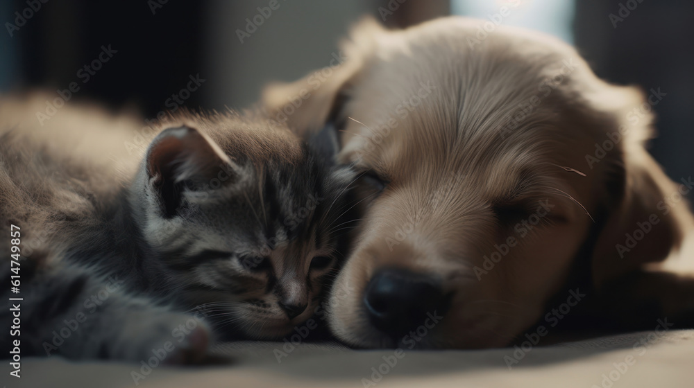 The photo depicts an adorable scene of a puppy and a kitten cuddled together, showcasing the pure innocence and sweetness of their bond. Their tiny bodies rest comfortably against each other, creating The photo depicts an adorable scene of a puppy and a kitten cuddled together, showcasing the pure innocence and sweetness of their bond. Their tiny bodies rest comfortably against each other, creating