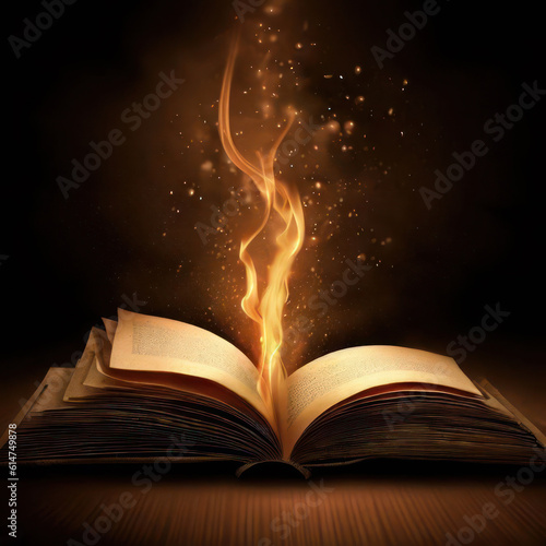 A magic book emitting flames from the book inside a dark room.Generative AI.