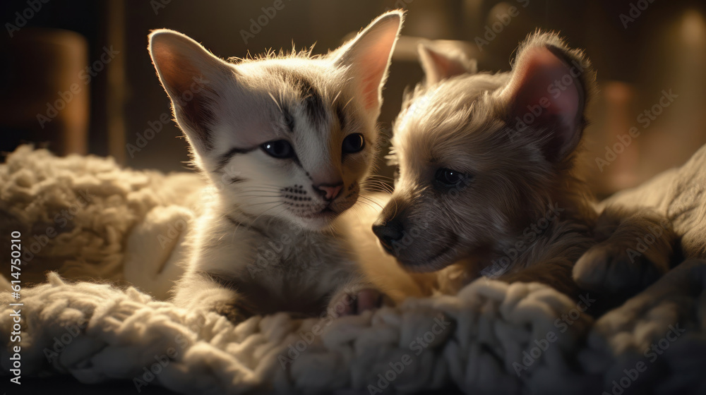 Obraz premium The photo depicts an adorable scene of a puppy and a kitten cuddled together, showcasing the pure innocence and sweetness of their bond. Their tiny bodies rest comfortably against each other, creating