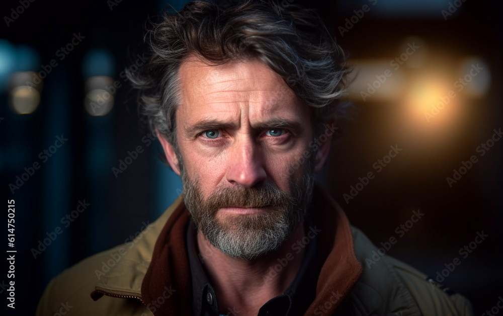 Close-up portrait of a man with a serious look and gaze Close-up portrait of a man with a serious look and gaze
