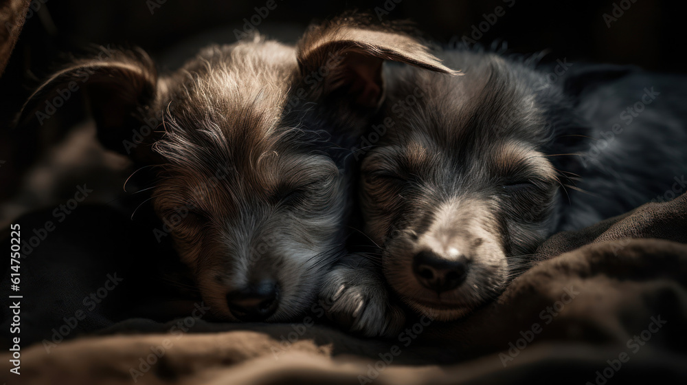 The photo depicts an adorable scene of a puppy and a kitten cuddled together, showcasing the pure innocence and sweetness of their bond. Their tiny bodies rest comfortably against each other, creating The photo depicts an adorable scene of a puppy and a kitten cuddled together, showcasing the pure innocence and sweetness of their bond. Their tiny bodies rest comfortably against each other, creating